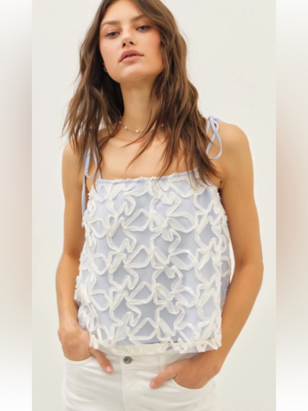 Idem Ditto Light Blue Embroidered Tie-Shoulder Cami Top NWT Size Large